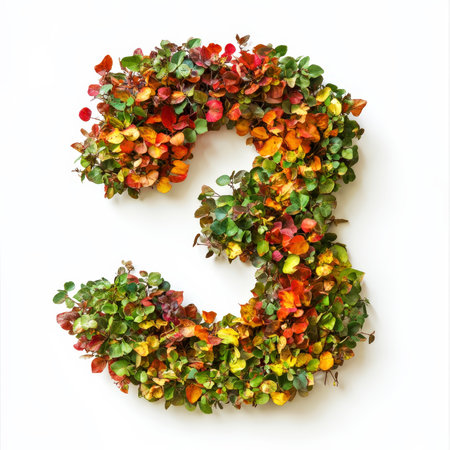 Number 3 made of fall leaves, flowers. berries. Vibrant autumn colors. White clean background. Generative AI.の素材