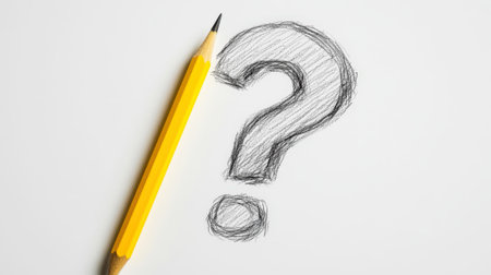 Sketch of question mark drawn with yellow pencil on white background, copy space, presentation mockup. Generative AIの素材