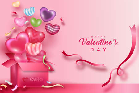 GIFT BOX LOVE HEART BALLOONS HAPPY VALENTINES DAY GREETING CARDのイラスト素材
