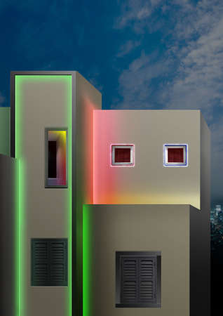 Modern Elegant Facade Exterior Home Night Sceneの写真素材