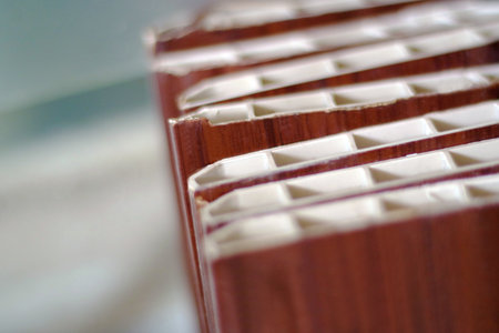 Close-Up of Brown Plastic Wall Panel with Hollow Structureの写真素材