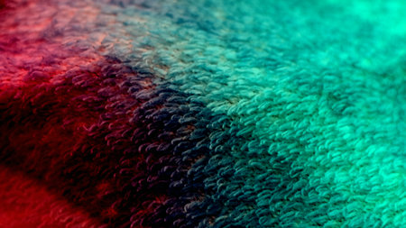 Close-Up of Colorful Knitted Fabric with Red and Green Threads