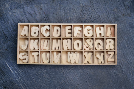 Wooden Alphabet Letters Arranged Neatly in Storage Boxの写真素材