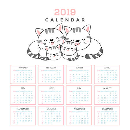 Calendar 2019 with cute cats. Hand drawn vector illustrationのイラスト素材