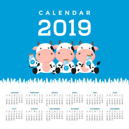 Calendar 2019 with cute cows. Hand drawn vector illustrationのイラスト素材