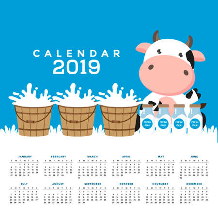 Calendar 2019 with cute cows. Hand drawn vector illustrationのイラスト素材