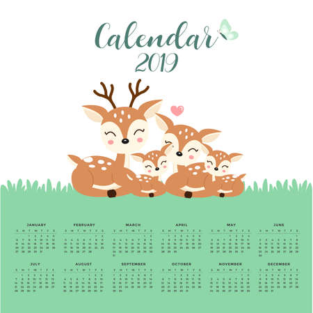 Calendar 2019 with cute deer family. Hand drawn vector illustrationのイラスト素材