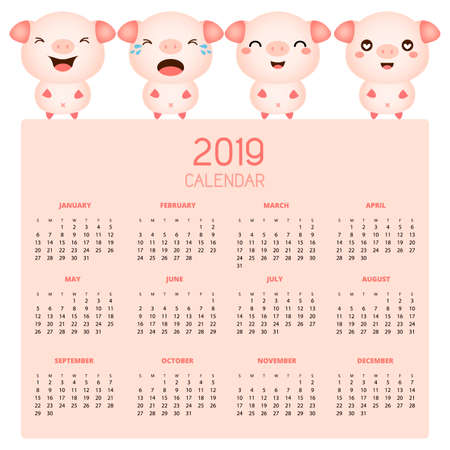 Calendar 2019 with cute pigs. Hand drawn vector illustrationのイラスト素材