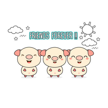 Friends forever greeting card with little animals. Cute pigs cartoonのイラスト素材