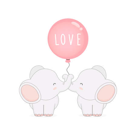 Cute couple elephant with balloons. Valentine's day card.のイラスト素材