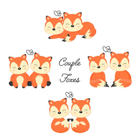 Set of Cute couple foxes in love. Woodland animal in cartoon style.のイラスト素材