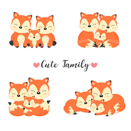 Happy animal family. Dad, mom, baby foxes cartoon.のイラスト素材