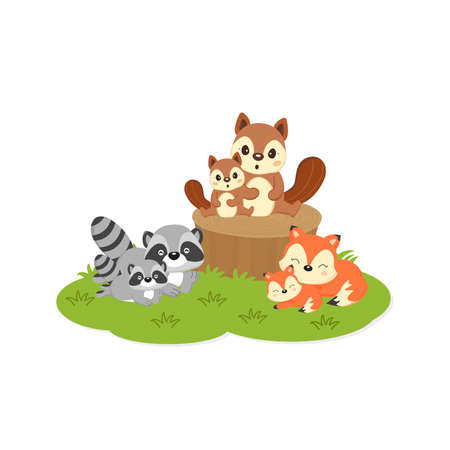 Cute family woodland animals. Foxes,Raccoons,Squirrels cartoon.のイラスト素材