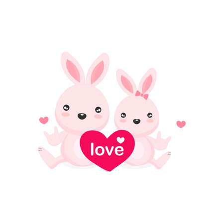 Greeting card with couple bunny and Big pink hearts.のイラスト素材