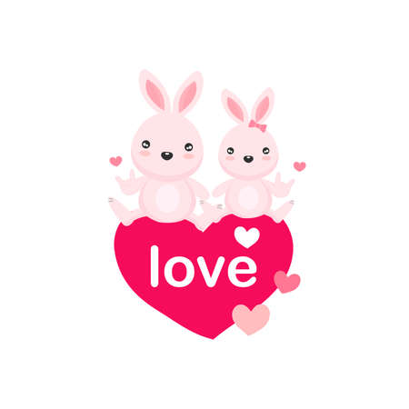 Greeting card with couple bunny and Big pink hearts.のイラスト素材