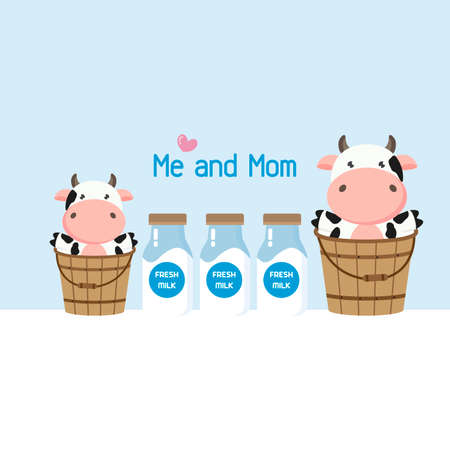 Mother and baby cow in milk bucket.のイラスト素材