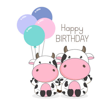 Birthday Greeting card Cute Cows with balloonsのイラスト素材