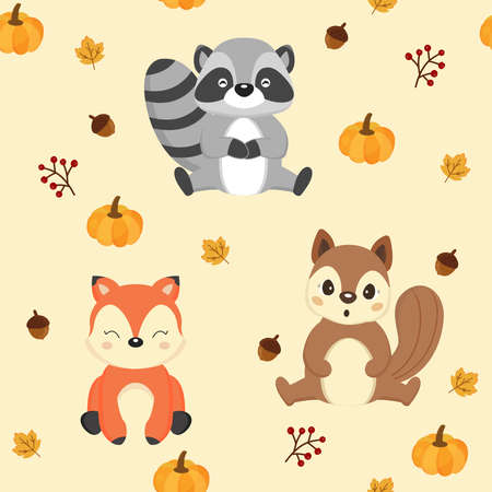Woodland Animals background. Raccoon, fox and squirrel. vector illustration.のイラスト素材