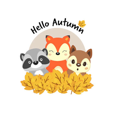 Hello autumn with cute fox, raccoon, squirrel and leaves. vector illustration.のイラスト素材