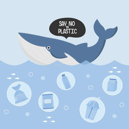 Stop ocean plastic pollution. Plastic garbage and whale in the ocean. vector illustration.のイラスト素材