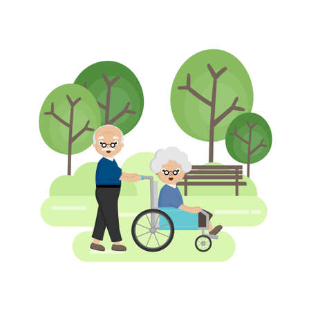 Senior Elderly couple in the park. Old man carries an old woman in a wheelchair.のイラスト素材