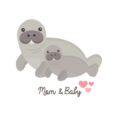 Mom and baby manatee. Mother's day card.のイラスト素材