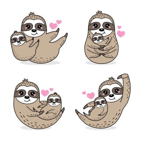 Cute sloth with baby and hearts.のイラスト素材