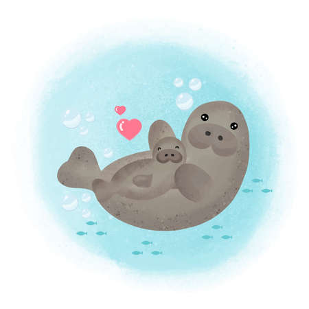 Cute Manatee and baby cartoon.のイラスト素材