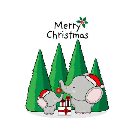 Merry Christmas Greeting Card with Cute Elephants.のイラスト素材