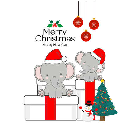 Merry Christmas Greeting Card. Elephants sitting on a gift box.のイラスト素材