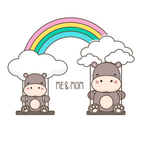 Hippo and baby swing on a rainbow. Mother's day card vector illustration.のイラスト素材