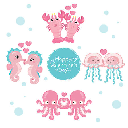 Funny ocean animals illustrations for Valentine's day card.のイラスト素材