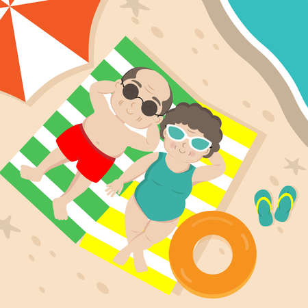 Elderly couple sunbathing on the beach.のイラスト素材