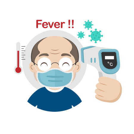 Senior measuring body temperature and wearing a face mask vector illustration.のイラスト素材