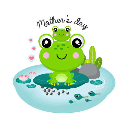 Happy Mother's Day Greeting Card. Mom and baby frog cartoon.のイラスト素材