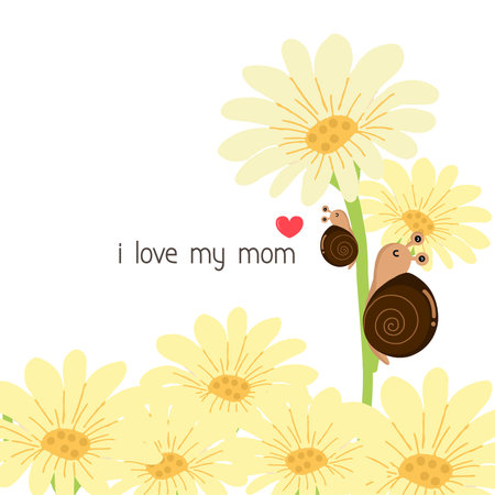 Happy Mother's Day Greeting Card. Mom and baby snail cartoon.のイラスト素材