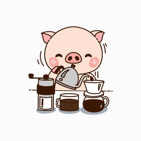 Cute pig making coffee cartoon, vector illustrationのイラスト素材