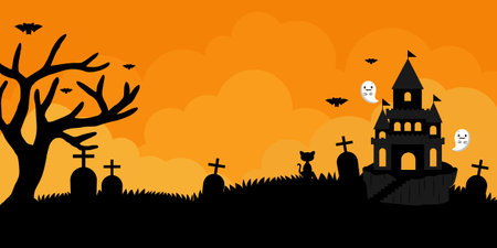 Halloween background with clouds, bats, moon, castle, ghost, web and pumpkins.のイラスト素材