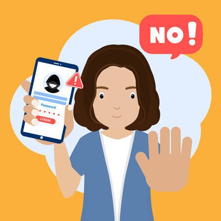 woman Warning Phone from Hacked login and password. Cyber crime. Illustration vectorのイラスト素材