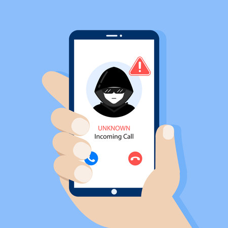 Hand  Hold smartphone call from unknown or stranger number.のイラスト素材