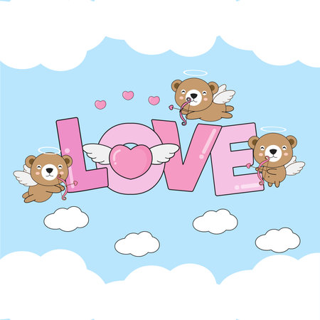 Cute Bear Cupids fly in the clouds with heart and Love text.Illustration for Valentines day design.のイラスト素材