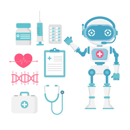 Online robot doctor vector illustration. Artificial technology help patient in internet.のイラスト素材