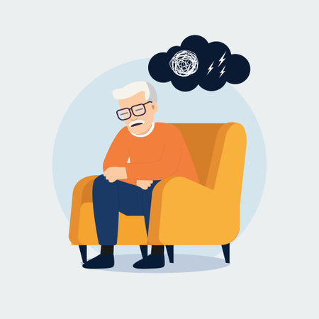 Anxious Senior Man Sitting on Sofa. Flat design style Vector Illustration.のイラスト素材
