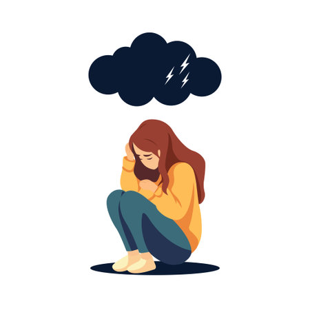 Young depressed woman sitting on ground crying with rain and storm with thunder above vector illustration.のイラスト素材