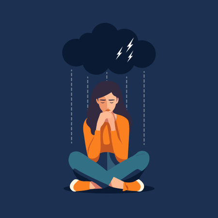 Young depressed woman sitting on ground crying with rain and storm with thunder above vector illustration.のイラスト素材
