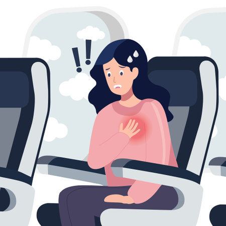 Woman  in the airplane suffering from panic attack, fast heartbeat, sweating and trembling.Vector cartoon illustration.のイラスト素材