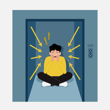 Young man sufering of claustrophobia attack  in elevator. vector illustrationのイラスト素材