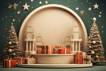 Merry Christmas banner with stage product display cylindrical shape and festive decoration for christmasの素材