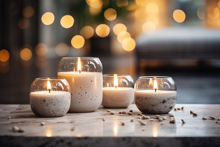 Closeup of white candles for spa treatment background.の素材