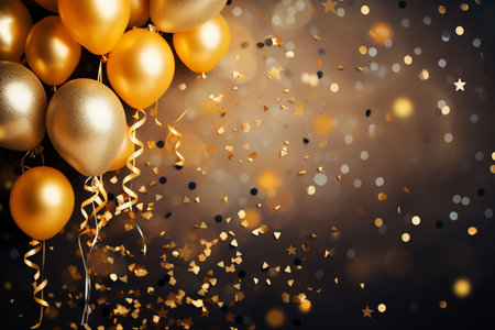 Background with gold balloons and confetti elements.の素材